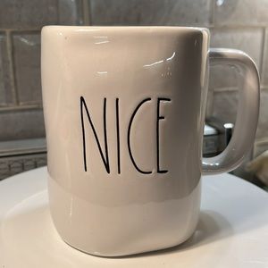 Rae Dunn Mug.  Labeled NICE   Creamy white with black with black letters.